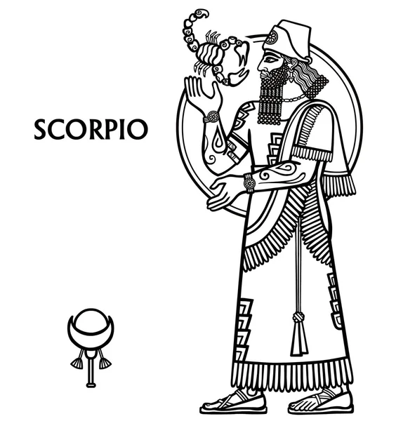 Signo del zodíaco Escorpio. Crecimiento total. Ilustración vectorial. Dibujo zodiacal blanco y negro aislado en blanco. Motivos del arte sumerio . — Vector de stock