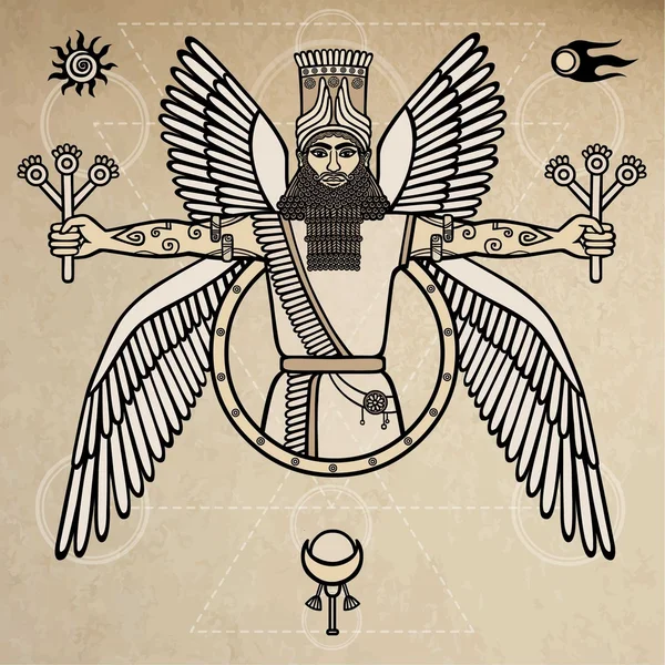 Eski Asur Tanrı kanatlı. Sümer mitolojisindeki karakter. Vektör çizim. Arka plan - eski kağıt imitasyon.