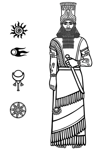 아시리아 남자의 이미지입니다. 수메르 왕입니다. 전체 성장입니다. 공간 태양 상징의 집합입니다. 흰색 배경에 고립 된 선형 드로잉. — 스톡 벡터