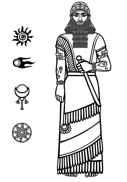 Obrázek z asyrských člověka. Sumerian král. Plné růst. Sada prostoru sluneční symboly. Lineární kresba izolovaných na bílém pozadí. — Stockový vektor