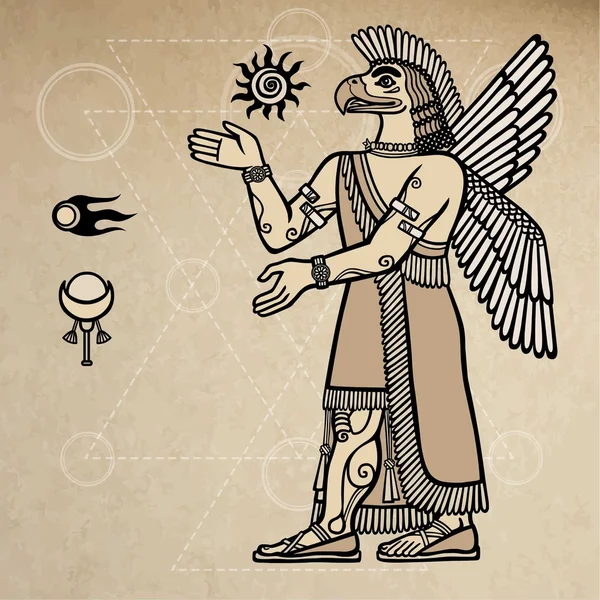 Ilustración vectorial: la deidad asiria con un cuerpo de la persona y la cabeza de un ave. Carácter de la mitología sumeria. Crecimiento total. Antecedentes - imitación del papel viejo . — Vector de stock