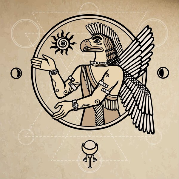 Vector illustration: the Assyrian deity with a body of the person and the head of a bird. Character of Sumerian mythology. Background - imitation of old paper.