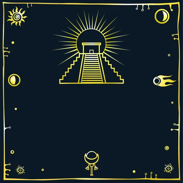 Vector illustratie: een silhouet van de Mexicaanse piramide op een zwarte achtergrond. Gouden imitatie. — Stockvector
