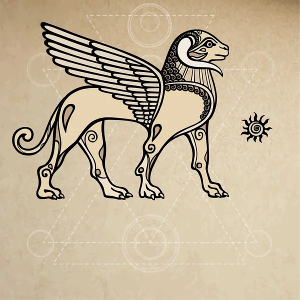 Assyrische Chimäre geflügelter Widder. Hintergrund - Imitation von altem Papier. — Stockvektor