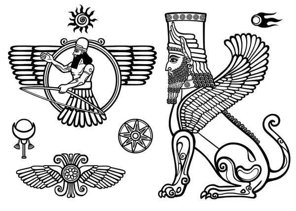 Zestaw postaci z mitologii asyryjskiej: sphinx, skrzydlaty Bóg, Solarises. — Wektor stockowy