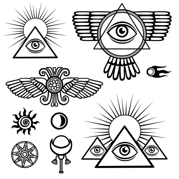 Sada esoterických symbolů: křídla, pyramidy, oko, měsíc, slunce, kometa, hvězda. Izolovaná černá kontura na bílém pozadí. — Stockový vektor