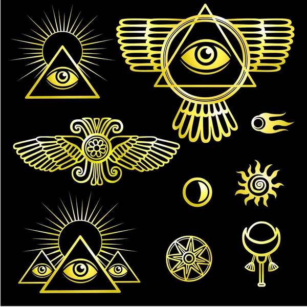 Set simbol esoterik: sayap, piramida, mata, bulan, matahari, komet, bintang. Kontur emas terisolasi pada latar belakang hitam . - Stok Vektor