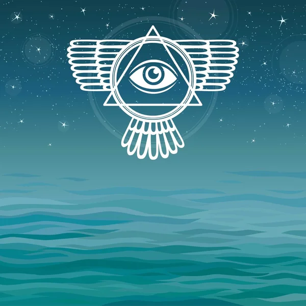 Bevingade pyramid. Kunskap öga. Bermudatriangeln. Mystisk symbol på havet bakgrund. — Stock vektor