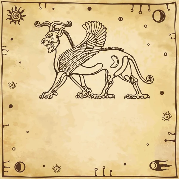 Vector Εικονογράφηση: ασσυριακή μυθικό φτερωτό λιοντάρι. Ένα μέρος του κειμένου. Απομίμηση παλιού χαρτιού. — Διανυσματικό Αρχείο