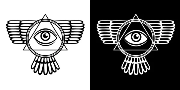 Simbol esoterik: piramida bersayap, mata pengetahuan. Gambar linear yang terisolasi. Pilihan hitam dan putih . - Stok Vektor