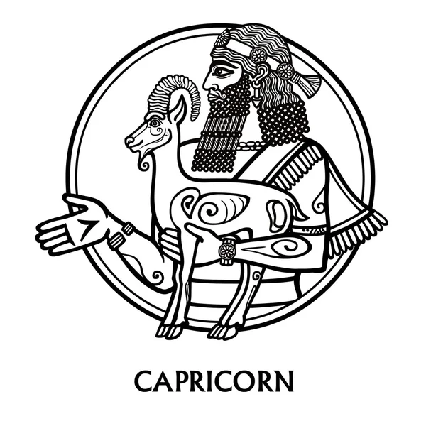 Signo del zodíaco Capricornio. Arte vectorial. Dibujo zodiacal blanco y negro aislado en blanco. Motivos del arte sumerio . — Vector de stock