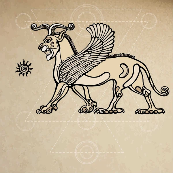 Assyrische Chimäre geflügelter Löwe. Hintergrund - Imitation von altem Papier. — Stockvektor