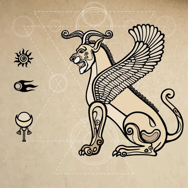 Assyrian chimera winged lion. Background - imitation of old paper. — Stock vektor