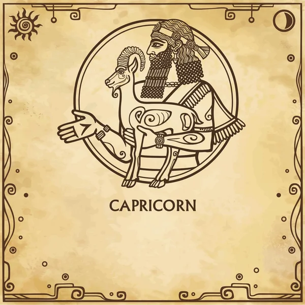 Signo del zodíaco Capricornio. Dibujo lineal, ilustración vectorial. El fondo - la imitación del papel viejo. El lugar para el texto . — Vector de stock