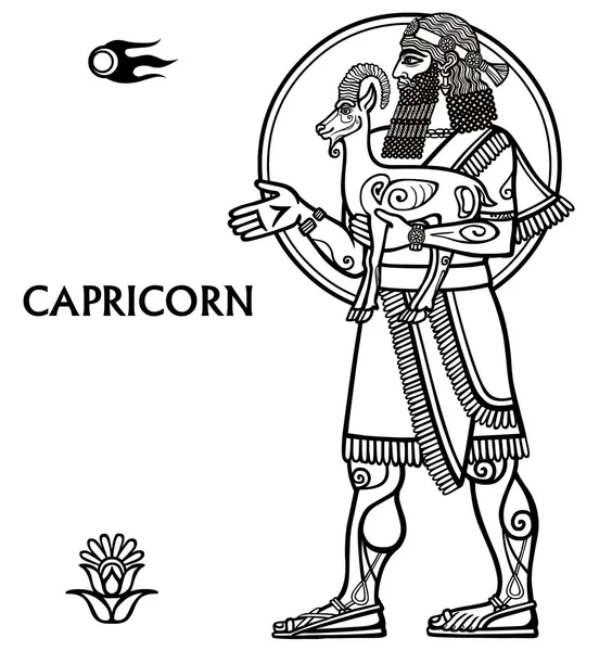 Horoskooppi Kauris. Täysi kasvu. Vektorikuvitus. Musta ja valkoinen zodiac piirustus eristetty valkoinen. Sumerialaisen taiteen motiivit . — vektorikuva