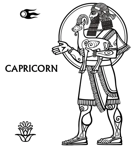 Signo del zodíaco Capricornio. Crecimiento total. Ilustración vectorial. Dibujo zodiacal blanco y negro aislado en blanco. Motivos del arte sumerio . — Vector de stock