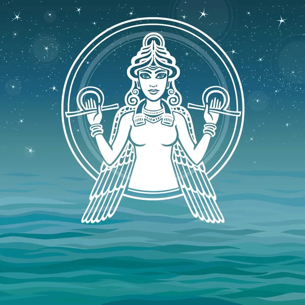 The stylized goddess Ishtar. White silhouette on a sea background. — Stock vektor