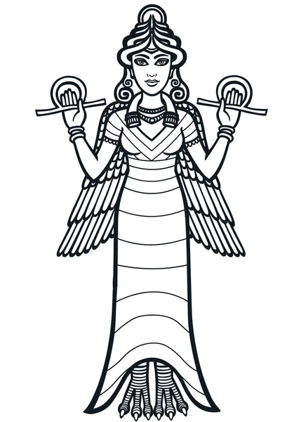 La diosa estilizada Ishtar. Crecimiento total. La silueta negra aislada sobre un fondo blanco . — Vector de stock