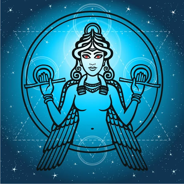 La diosa estilizada Ishtar. Silueta negra sobre fondo azul, cielo estelar . — Vector de stock
