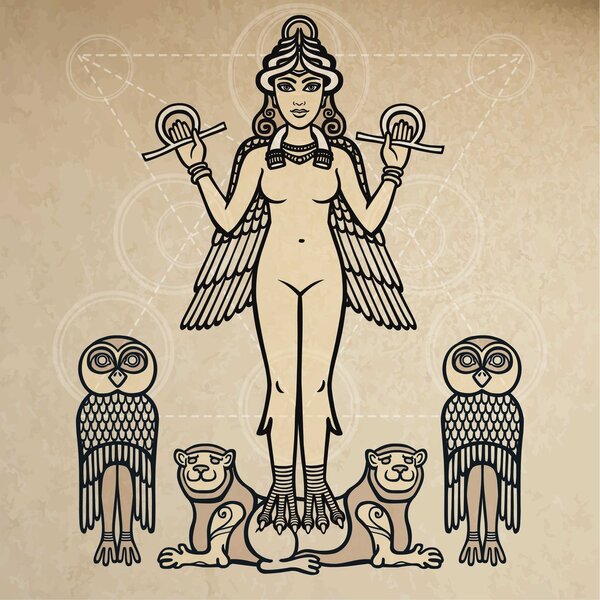 The stylized goddess Ishtar. Background - an imitation of old paper.