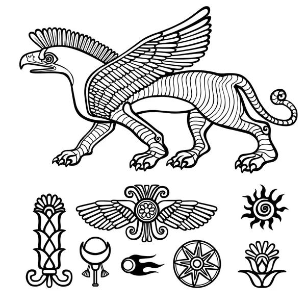 Image of Assyrian winged animal. Horned lion. Character of Sumerian mythology. Set of solar symbols. Llinear drawing isolated on a white background. Vector illustration, be used for coloring book. — Stock vektor