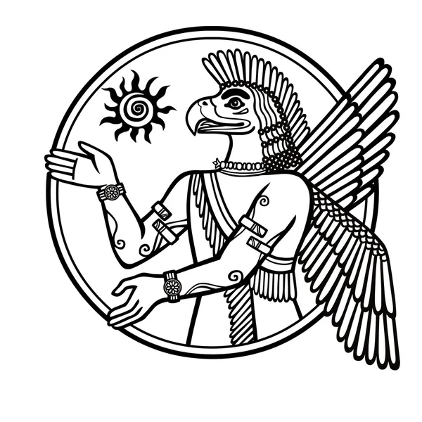 Linear drawing: a silhouette of the Assyrian deity with a body of the person and the head of a bird. Character of Sumerian mythology. Black-and-white vector illustration. — Stock vektor