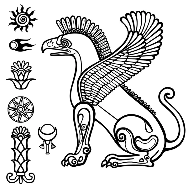 Image of Assyrian winged animal. Horned lion. Character of Sumerian mythology. Set of solar symbols. Llinear drawing isolated on a white background. Vector illustration, be used for coloring book. — Διανυσματικό Αρχείο