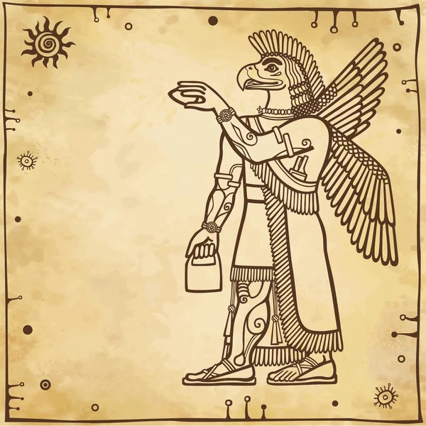 Vektör çizim: kişinin bir vücut ve bir kuş başkanı ile Asur Tanrısallığına bir siluet. Metni için bir yer. Eski kağıt taklit.