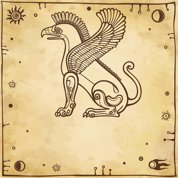 Fantastik kanatlı griffon. Profil görünümü. Metni için bir yer. Eski kağıt taklit.