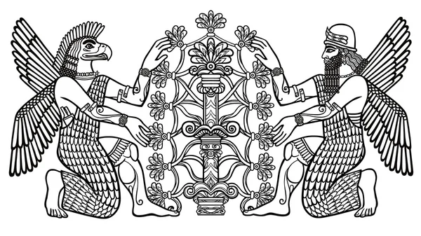Siluet dewa Asyur mengumpulkan buah-buahan dari pohon yang fantastis. Karakter mitologi Sumeria Siluet dewa-dewi Asyur mengoleksi fr. Gambar linear, siluet hitam terisolasi pada latar belakang putih. Ilustrasi vektor . Stok Ilustrasi 