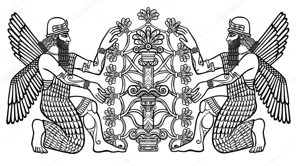 The silhouette of the Assyrian deities collects fruits from a fantastic tree. Character of Sumerian mythology. Linear drawing, the black silhouette isolated on a white background. Vector illustration.