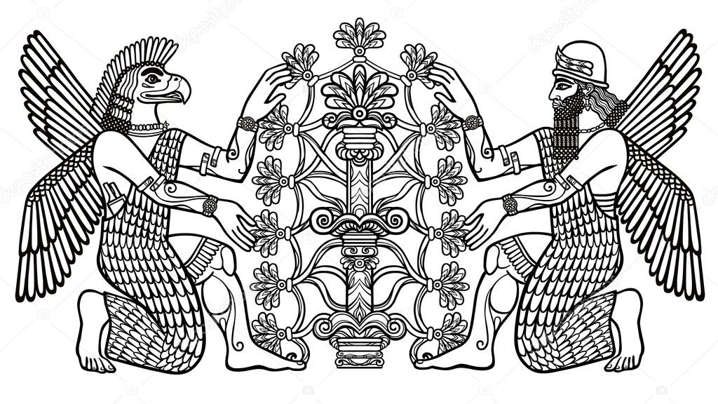 The silhouette of the Assyrian deities collects fruits from a fantastic tree. Character of Sumerian mythologyThe silhouette of the Assyrian deities collects fr. Linear drawing, the black silhouette isolated on a white background. Vector illustration.