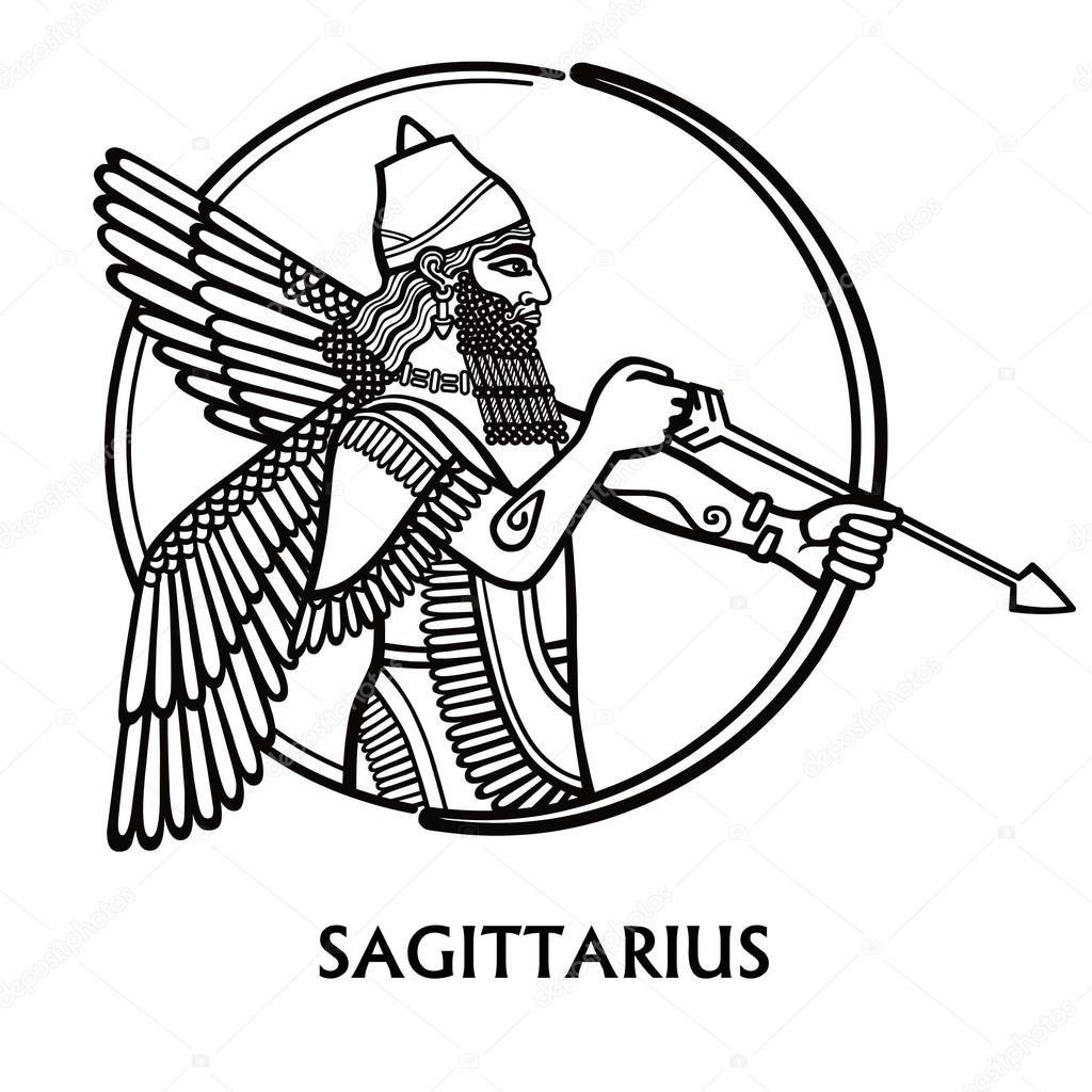 Zodiac sign Sagittarius. Vector art. Black and white zodiac drawing isolated on white.