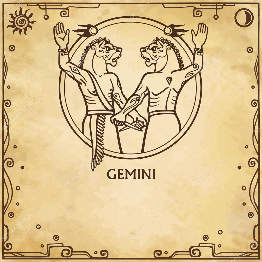 Zodiac sign Gemini. Linear drawing, vector illustration. Background - imitation of old paper. The place for the text.