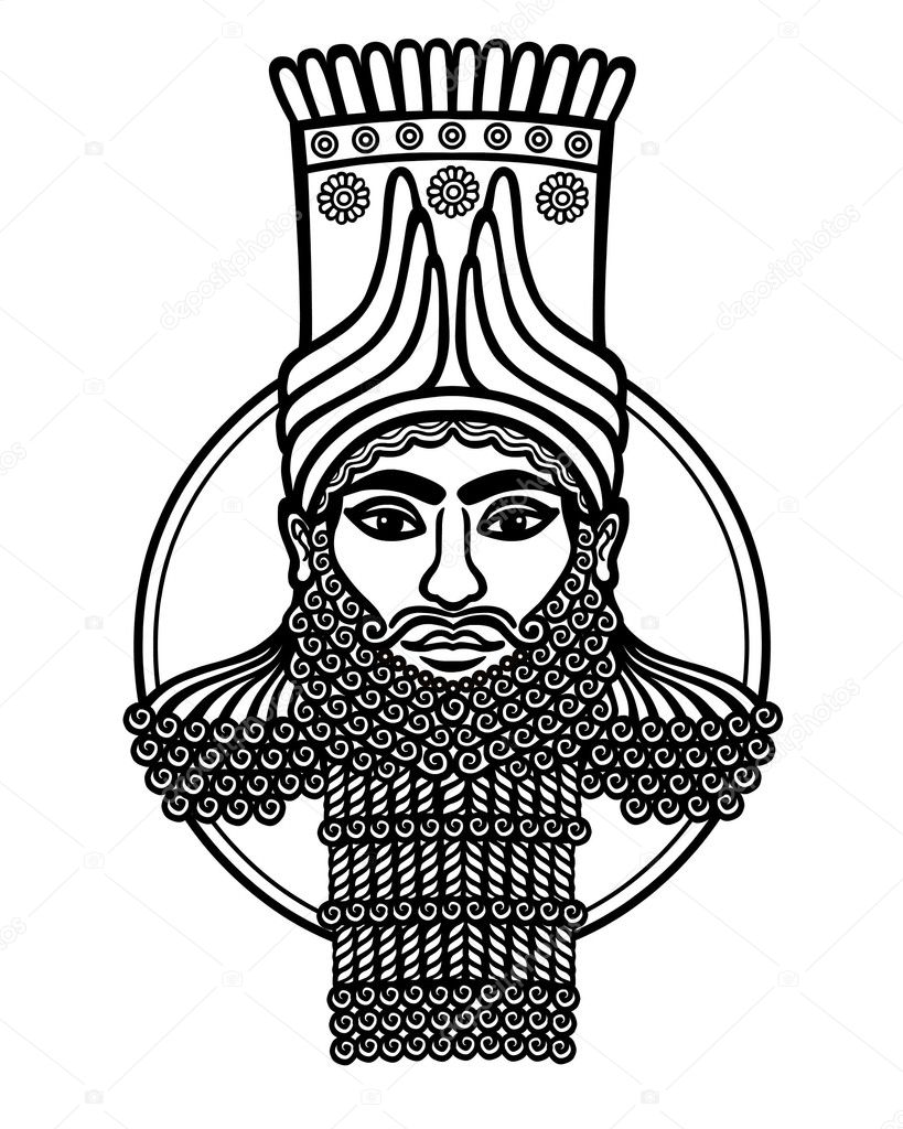 Portrait of the Assyrian man. Character of Sumer mythology. Isolated on a white background.