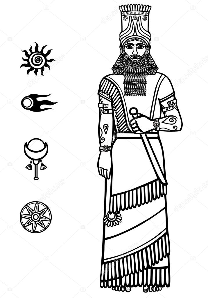 Image of the Assyrian man. Sumerian king. Full growth. Set of space solar symbols. The linear drawing isolated on a white background.