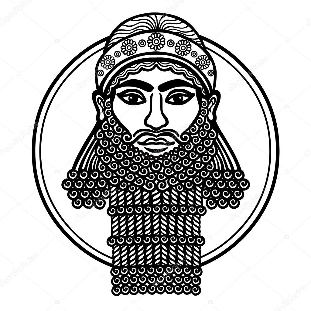 Portrait of the Assyrian man. Character of Sumer mythology. Isolated on a white background.