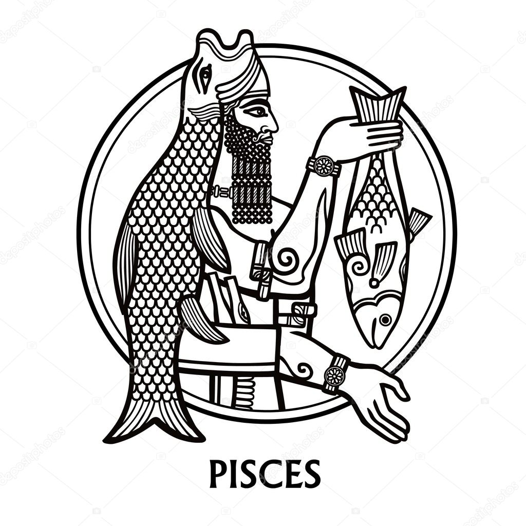 Zodiac sign Pisces. Vector art. Black and white zodiac drawing isolated on white.