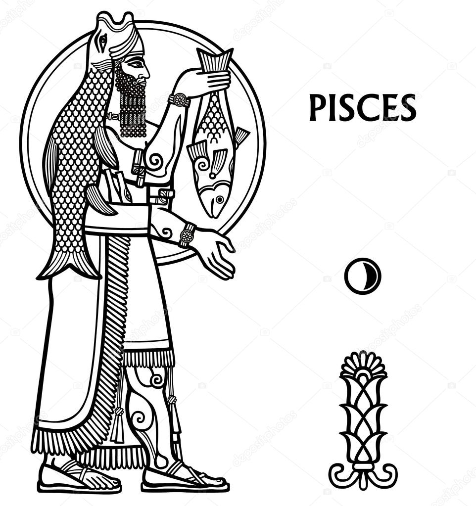 Zodiac sign Pisces. Full growth. Vector illustration. Black and white zodiac drawing isolated on white. Motives of Sumerian art.