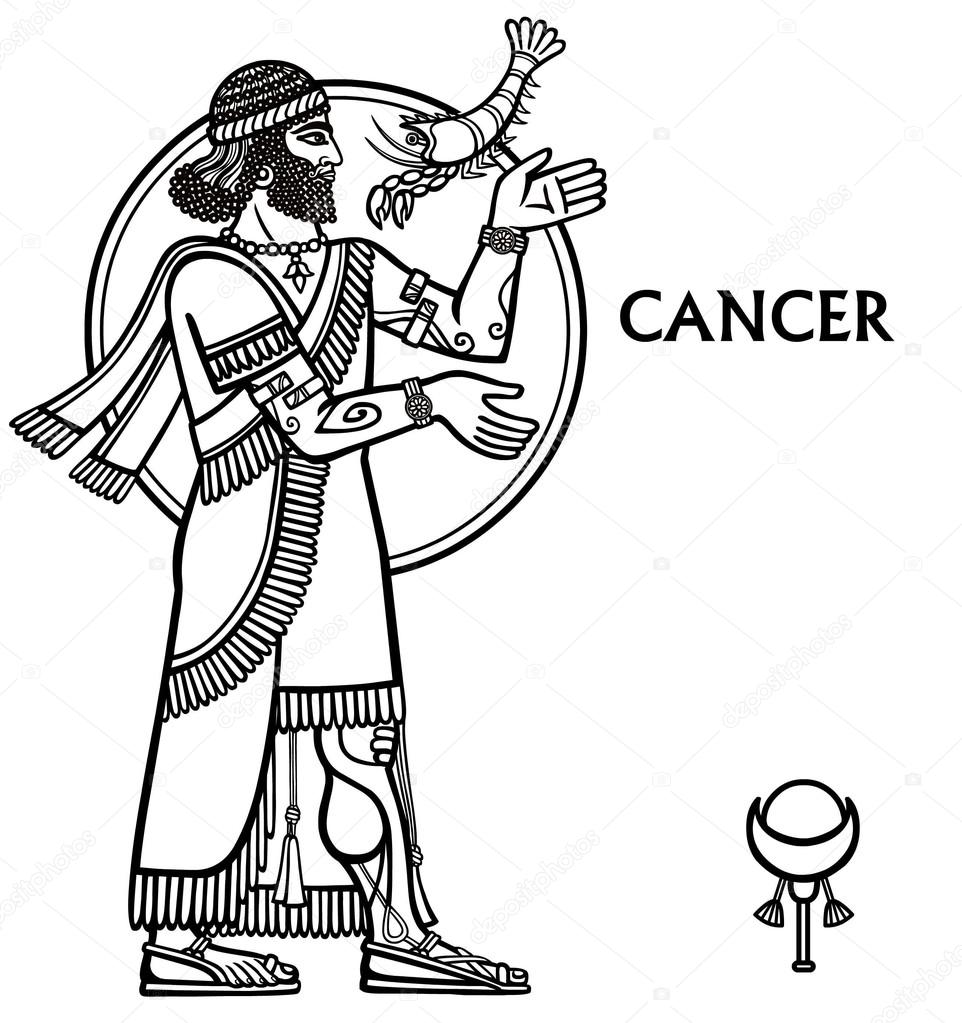 Zodiac sign Cancer. Full growth. Vector illustration. Black and white zodiac drawing isolated on white. Motives of Sumerian art.