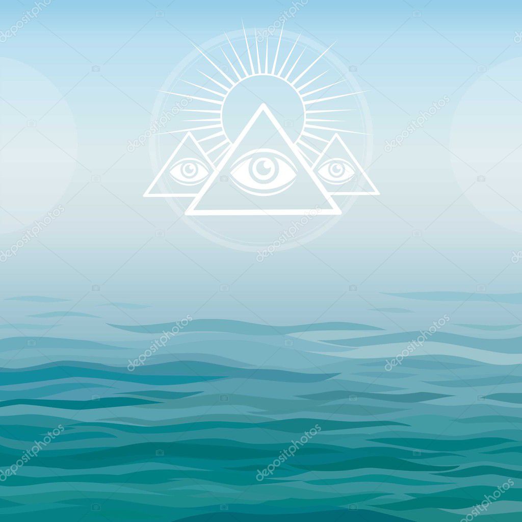 Underwater pyramids. Bermuda Triangle. Mystical symbol on a sea background.