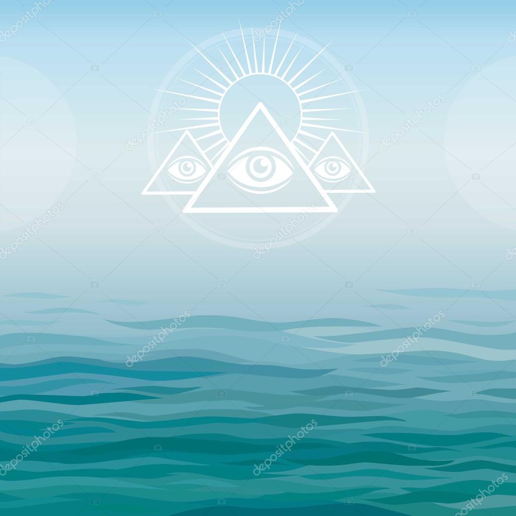 Underwater pyramids. Bermuda Triangle. Mystical symbol on a sea background.