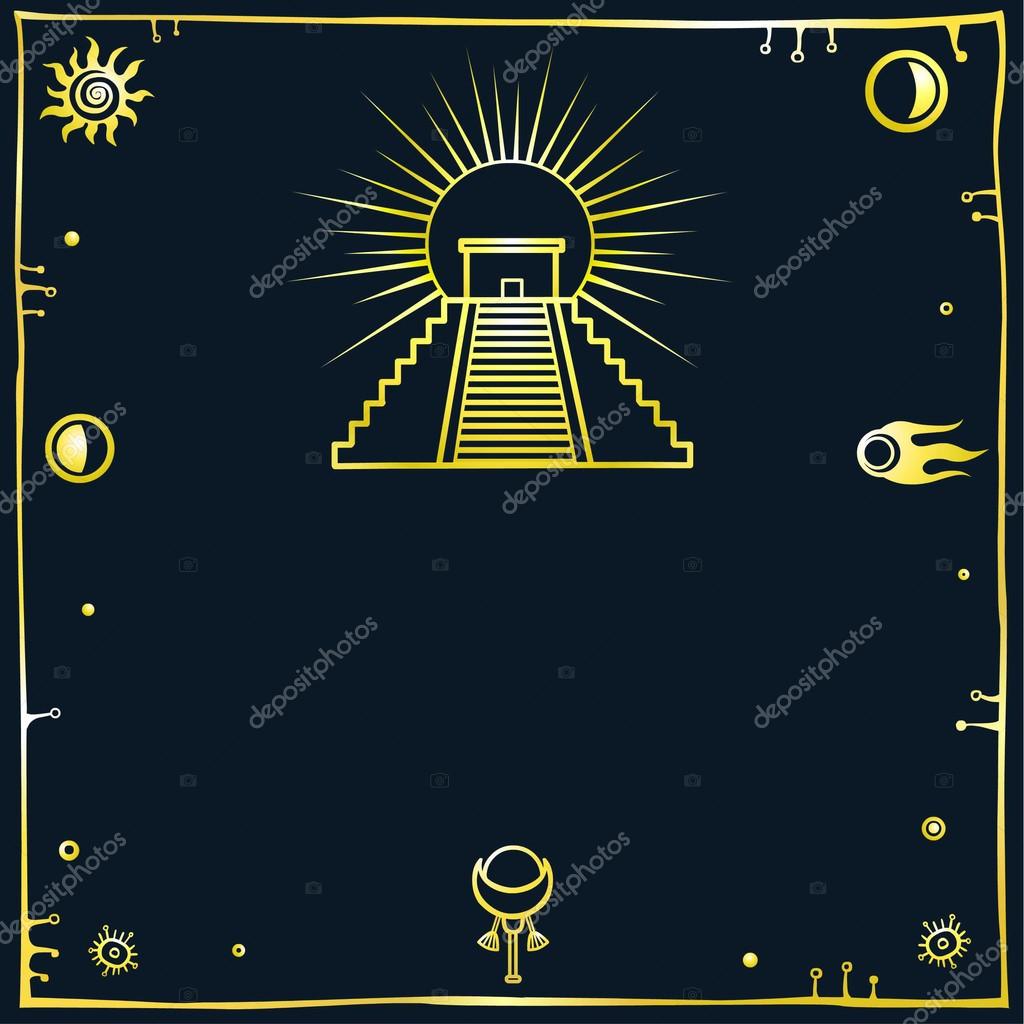 Vector illustration: a silhouette of the Mexican pyramid on a black background. Gold imitation.