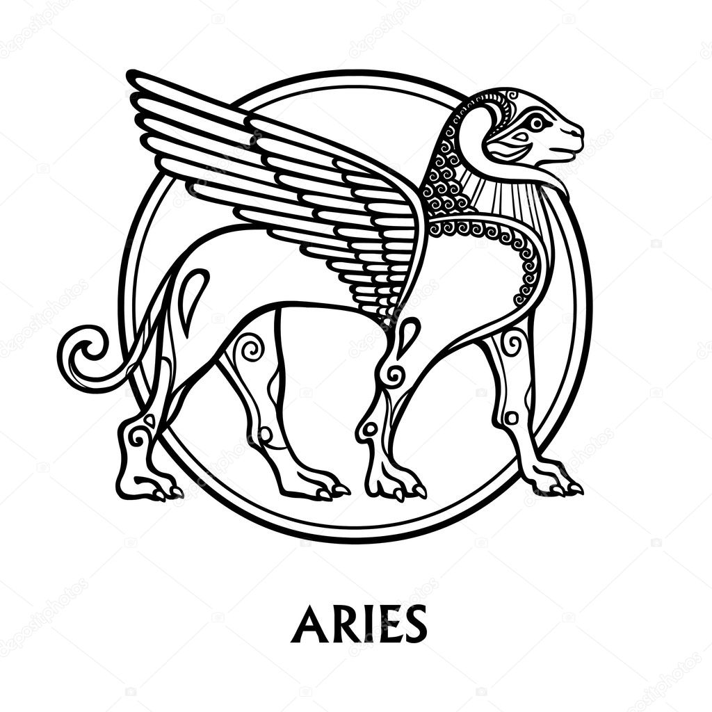 Zodiac sign Aries. Vector art. Black and white zodiac drawing isolated on white.