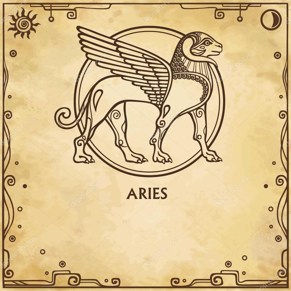 Zodiac sign Aries. Linear drawing, vector illustration. Background - imitation of old paper. The place for the text.