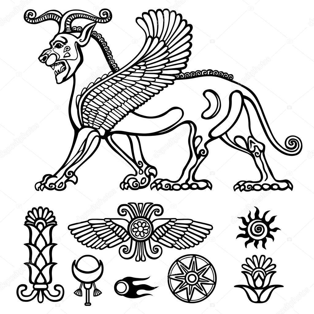 Image of Assyrian winged animal. Horned lion. Character of Sumerian mythology. Set of solar symbols. Llinear drawing isolated on a white background. Vector illustration, be used for coloring book.