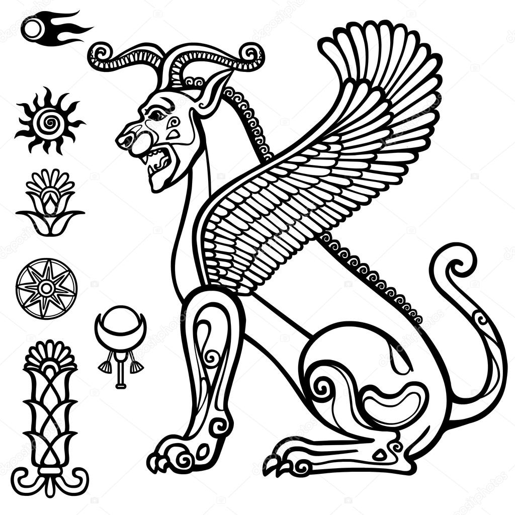 Image of Assyrian winged animal. Horned lion. Character of Sumerian mythology. Set of solar symbols. Llinear drawing isolated on a white background. Vector illustration, be used for coloring book.