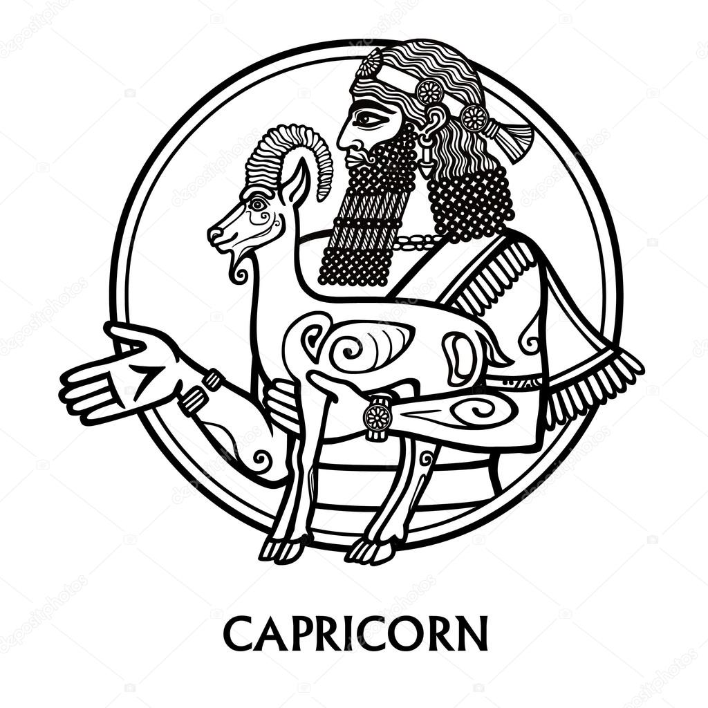 Zodiac sign Capricorn. Vector art. Black and white zodiac drawing isolated on white. Motives of Sumerian art.