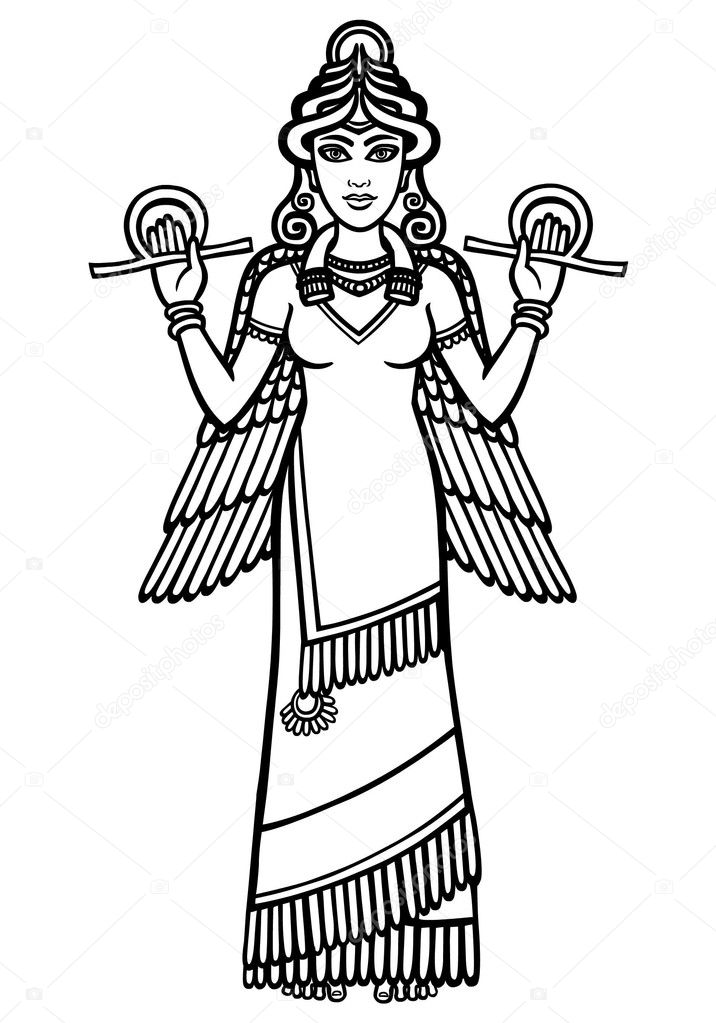 Vector illustration: the stylized goddess Ishtar. Character of Sumerian mythology. Full growth. The black silhouette isolated on a white background.