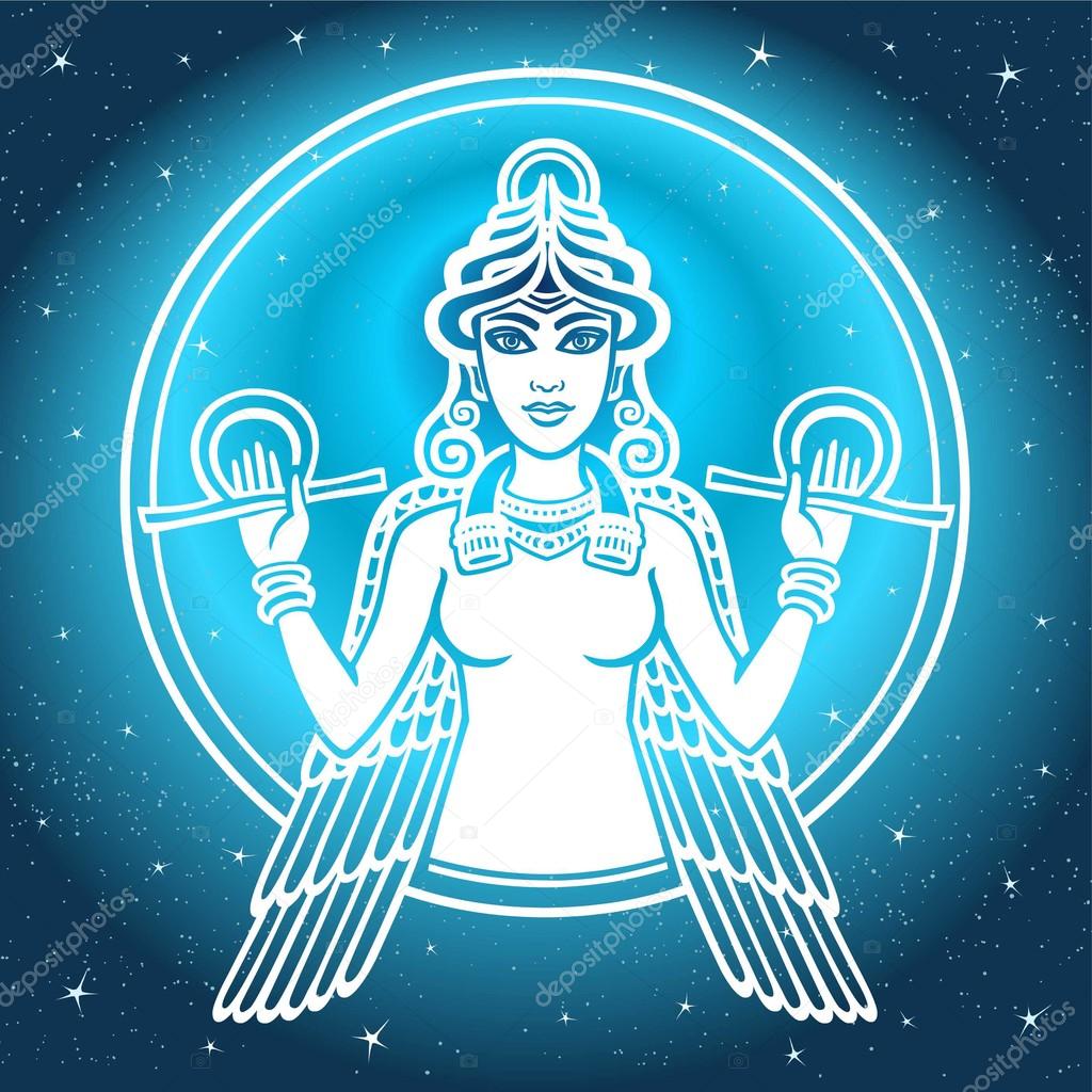 The stylized goddess Ishtar. White silhouette on a blue background, the stellar sky.
